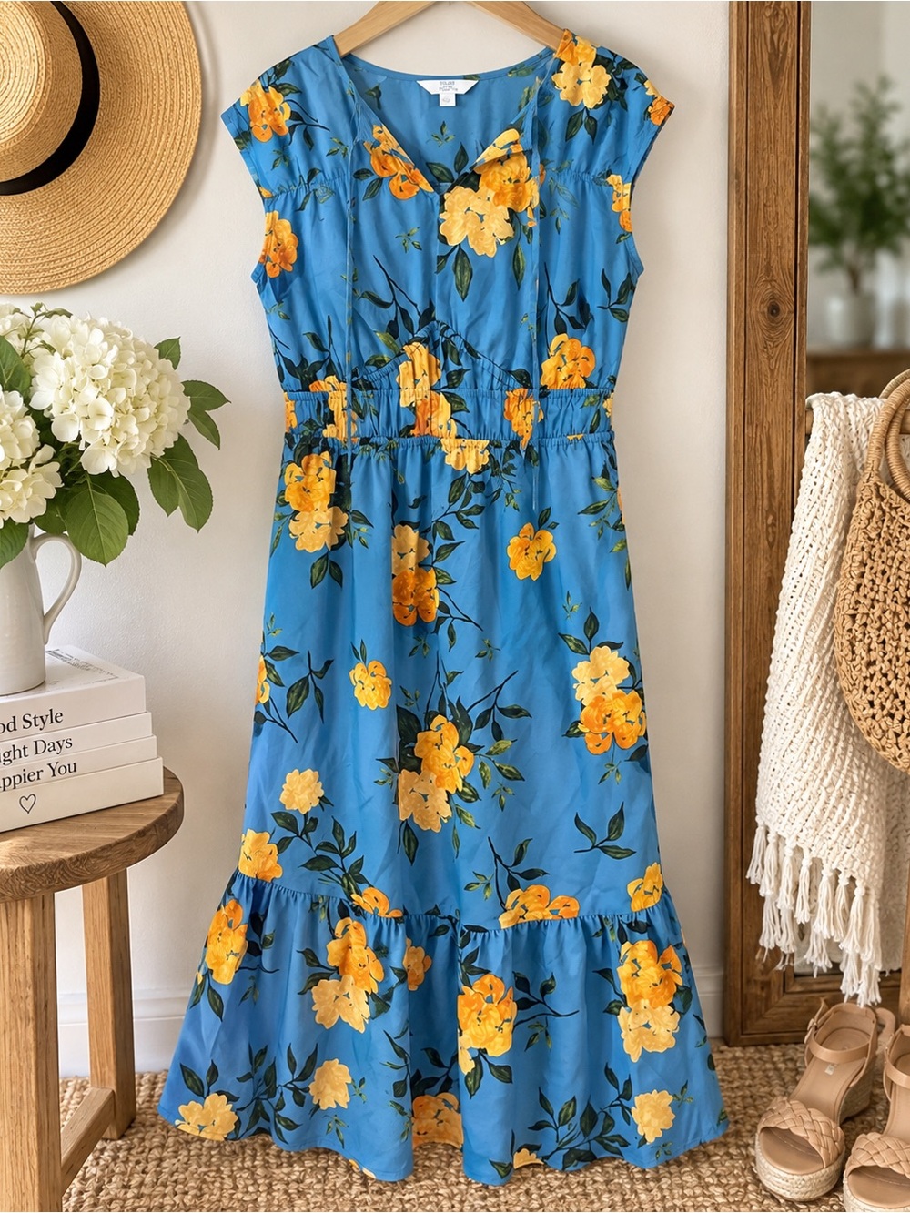Time and Tru Blue Floral Tiered Midi Dress Size L 12-14 NWT